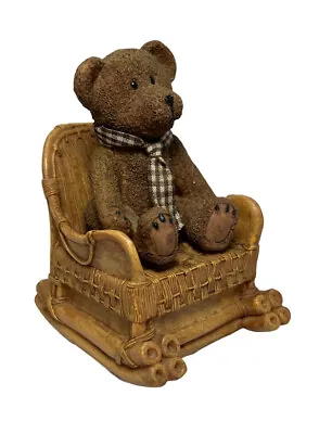 Vintage Music Box Teddy Bear N Rocking Chair Shower Gift Baby Brown Gingham Bow • $8.50