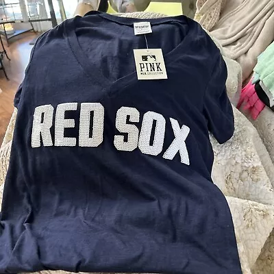 NWT Navy Blue Victoria Secret Pink Bling Sequin Red Sox Short Sleeve Shirt • $15.50