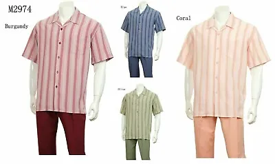 New Men's Striped Walking Suit Short Sleeve Casual Shirt & Long Pants Set 2974 • $49.95