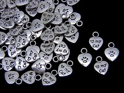 20 Pcs - Tibetan Silver   Love My Cat   Heart Paw Print Charms Jewellery D301 • £2.89