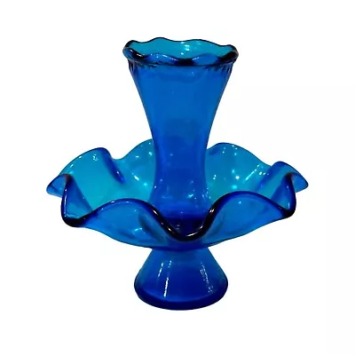 Vintage MCM Italian Cobalt Blue Glass Single Ruffled Epergne Bowl Horn 6 Inch • $24.88