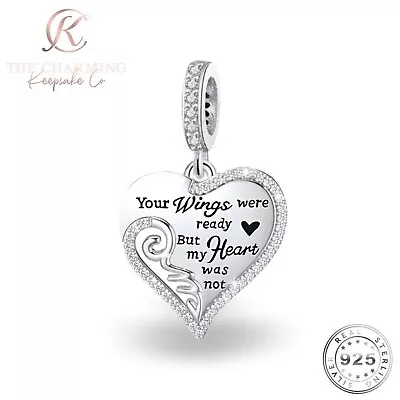 Angel Wing Heart Charm Genuine 925 Sterling Silver - Your Wings Were Ready • £16.99