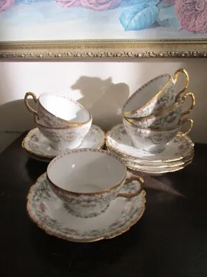 JPL Jean Pouyat Limoges France Hand Painted Set Of 6 Cup And Saucer Gold Roses • £171.03