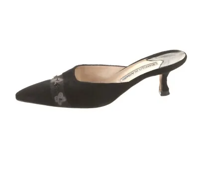 MANOLO BLAHNIK Beaded Embroidered Lace Floral Black Velvet Mules Kitten Heel 41 • $169