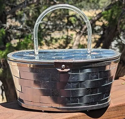 Vintage 1950s Metal Basketweave Oval Handbag Basket Purse W/ Lucite Handle • $35.99