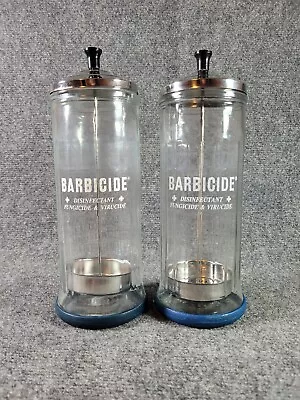 2 Vintage Barbicide Glass Disinfectant Jars Barber Shop 11 Inch Blue Base • $40.49