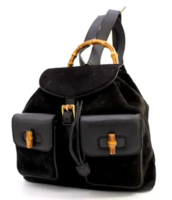 Gucci Backpack Shoulder Bag Purse Bamboo Suede Leather Black Vintage Authentic • $278.99