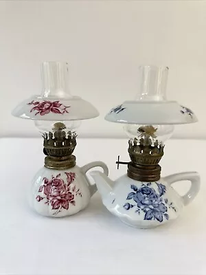 Vintage Miniature Japanese Oil Lamp Pair - Red And Blue On White Porcelain • $35