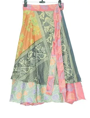 Sushila Vintage Dual Tone Silk Saree Magic Wrap Reversible Skirt Beach Dress • $16.49