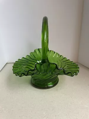 Vintage Fenton Swirled Avocado Green Glass Bridal Basket Crimped Ruffled Edge • $9.99