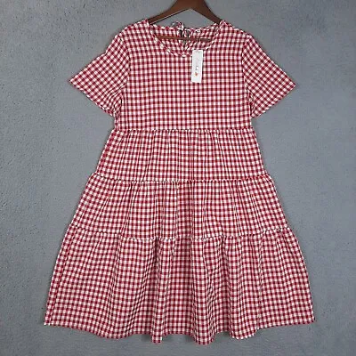 Petal Lush Dress Women's XL Red Checkered Tie Back Short Sleeve Midi Prairie NWT • $29.99