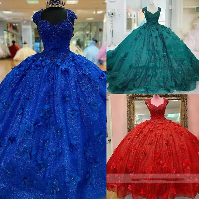 Sparkly Quinceanera Dresses 3D Floral Beading Sweet 15 Pageant Party Ball Gown • $142.50