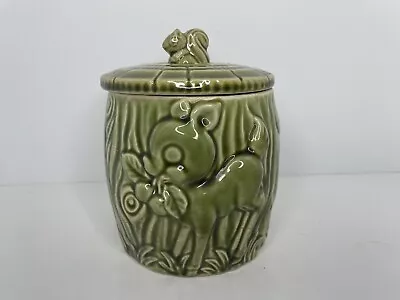 Vtg Lidded Deer With Squirrel Finial Cookie Jar Canister Kitsch 6” Ceramic Green • $44.99