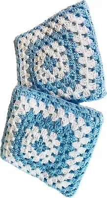 Vintage Blue Granny Square Accent Throw Pillows 10”x10” Retro Set Of 2 • $19.99