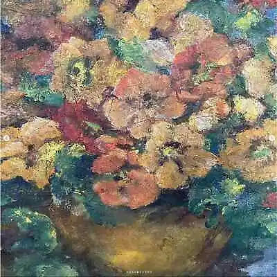 $135 • Buy Vintage Flower Painting Blues Greens Floral Wood Frame Canvas Board Horizontal