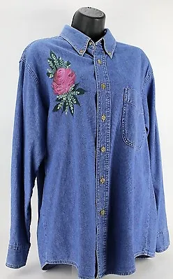 Womens Blue Jean Button Front Shirt M Hand Painted Art Glitter Rose MENS CUT • $41.59