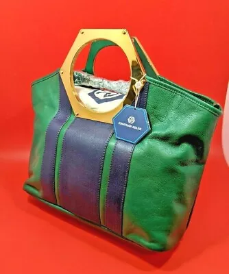 JONATHAN ADLER Goldie Hex Handle Leather Crossbody GREEN/NAVY Purse Tote  Bag • $139.99