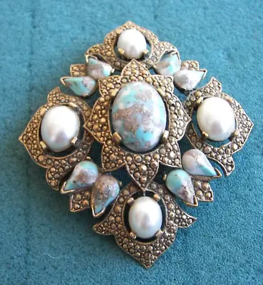  REMEMBRANCE  Gold Tone Turquoise Pin - Sarah Coventry Jewelry - Vintage • $14.95