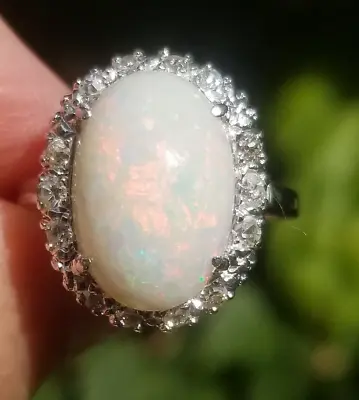 Beautiful Antique Opal Old Cut Diamond Halo 14k White Gold Ring • $645