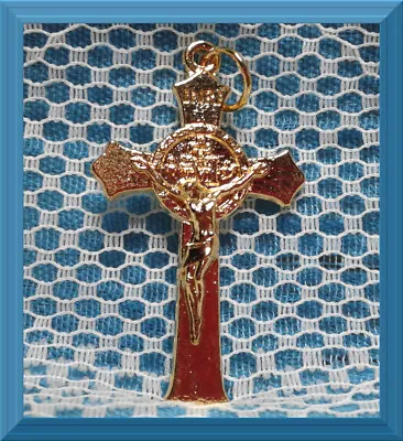 MIRACULOUS MEDAL Crucifix Catholic CROSS Flared Edge Pendant 1.5  ITALY Gold PL • $1.99
