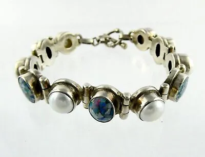 Sterling Silver Mabe Pearl And Mosaic Opal Link Bracelet 925 6.75 Inches 33.7g • $144.88