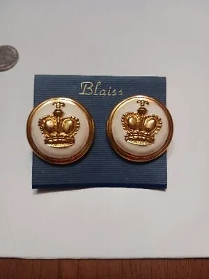 $9.99 • Buy Vintage Signed BLAISS Gold Tone & Cream Round With Crown Clip-On Earrings