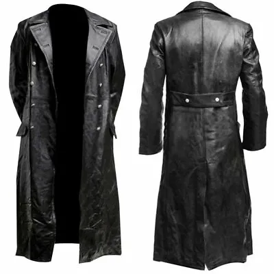  Military Uniform Officer Black Real Leather Trench Coat • $72.62