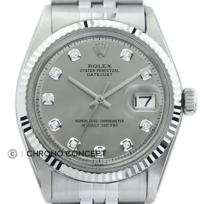 Mens Rolex Datejust 18K White Gold & Stainless Steel Gray Diamond Dial Watch • $4095