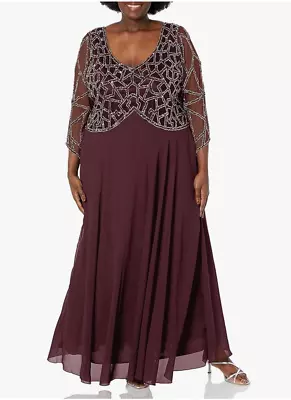 J Kara Women's Plus Size 3/4 Sleeve Geo Beaded Gown (Wine Multi 22W) • $65
