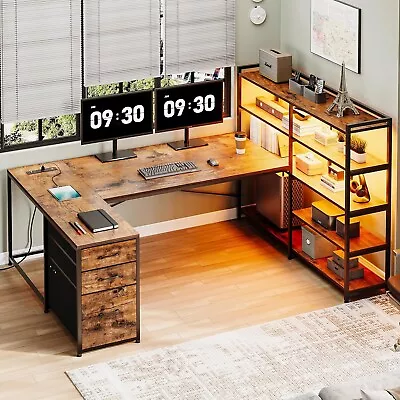 U Shaped Office Desk With 3 Drawers Gaming Desk With LED Lights Rustic Brown • $189.89