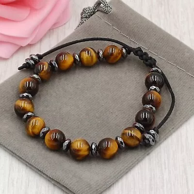 Handmade Natural Tigers Eye Healing Crystal Gemstone Cord Chakra Bracelet 8mm. • £5.99