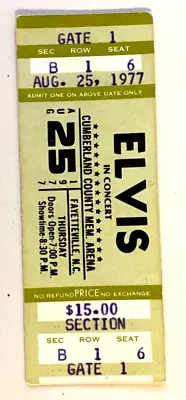 ELVIS PRESLEY Concert Ticket Fayetteville NC Cumberland Arena Aug 25 1977 RARE • $129.99