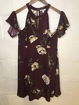 Mi Ami Francesca’s Dress Women Medium Purple Floral Cold Shoulder Keyhole Midi • $24.50