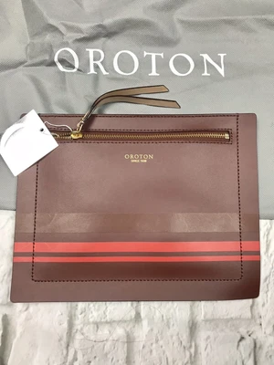 $69.95 • Buy *BNWT* OROTON Sydney Stripe Zip Sleeve Tan Brown Clutch Pouch RRP $195