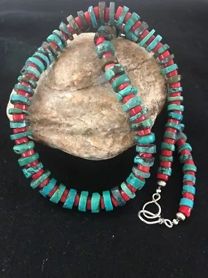 Navajo Mens  Sterling Silver Heishi Turquoise Coral Necklace 8506 • $161.48