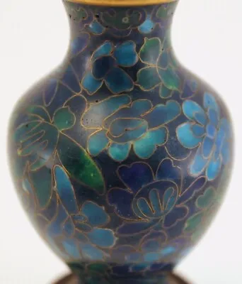 Miniature Vintage Cloisonne Brass Vase Blue Floral With Display Stand • $45