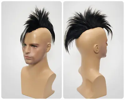 Black Mohawk Topper White Glued Clip-in Headpiece Wig Men Cosplay Punk Hairstyle • $186.68