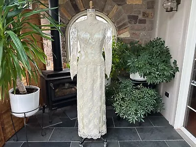 Vintage 1990s Ivory Satin And Alencon Lace Wedding Dress With Deep V Open Back • $155