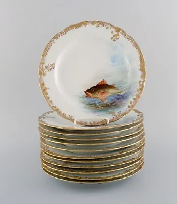 Twelve Antique Pirkenhammer Porcelain Dinner Plates With Hand-painted Fish • $1170