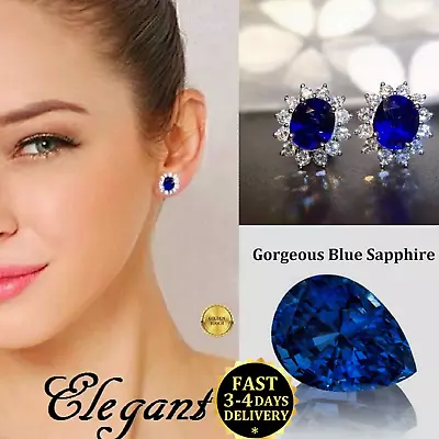 Womens Mens  Luxury Silver Diamond Crystal Blue Stud Earrings Perfect Gift New • £9.99
