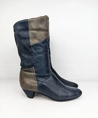 80s Navy Blue Grey Vintage Tall Leather Boots Size 38 Ladies Retro Patchwork • $65