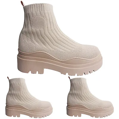 £21.89 • Buy Womens Ladies Platform Chunky Sole Knit Slip On Sock Ankle Boots Shoes Size