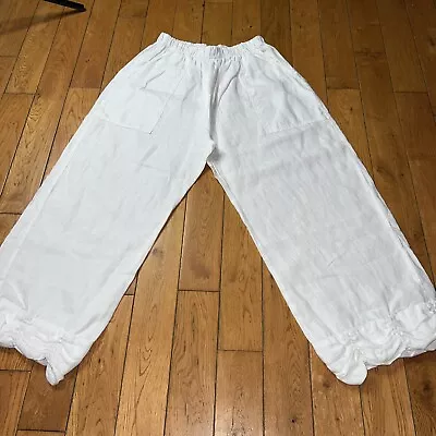 La Fixsun Sz Medium 100% Linen Pants Wide Leg Scalloped Hem Pockets White • $21