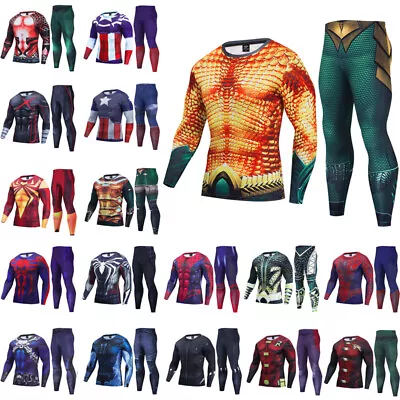 Men's T-shirts Long Sleeve Set Compression 3D Printed Marvel Superhero Gym Tops • $26.59