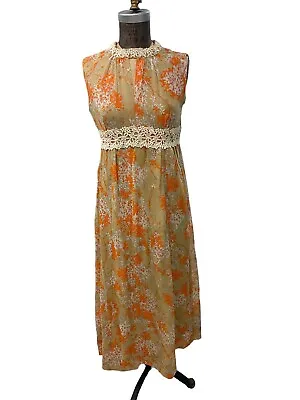 Retro Orange Tan Floral Sleeveless Maxi Dress W/ Scarf Vintage 70s • $39.99