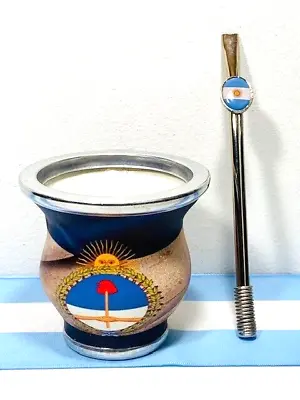 Mate Cup Yerba Argentino - Argentinian Shield + Bombilla Straw Argentina • $22.99