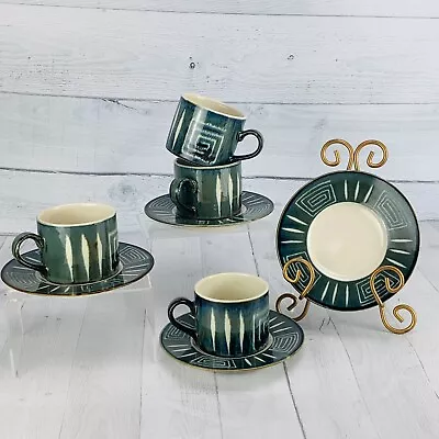 Mikasa Potters Craft FIRESONG Green Geometric Stoneware Cups & Saucers  Set 4 • $31.44