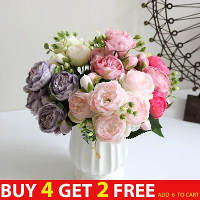 9 Heads Artificial Flowers Silk Peony Bouquet Rose Wedding Home Party Decor UK • £3.98