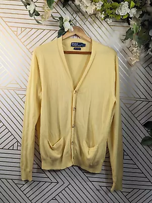 Polo Ralph Lauren Men's Yellow 100% Cashmere Cardigan Sweater Button Up  L READ • $34.99
