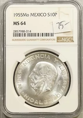 1955 Mo Mexico Silver 10 Peso Hidalgo NGC MS64 #8-014 • $75